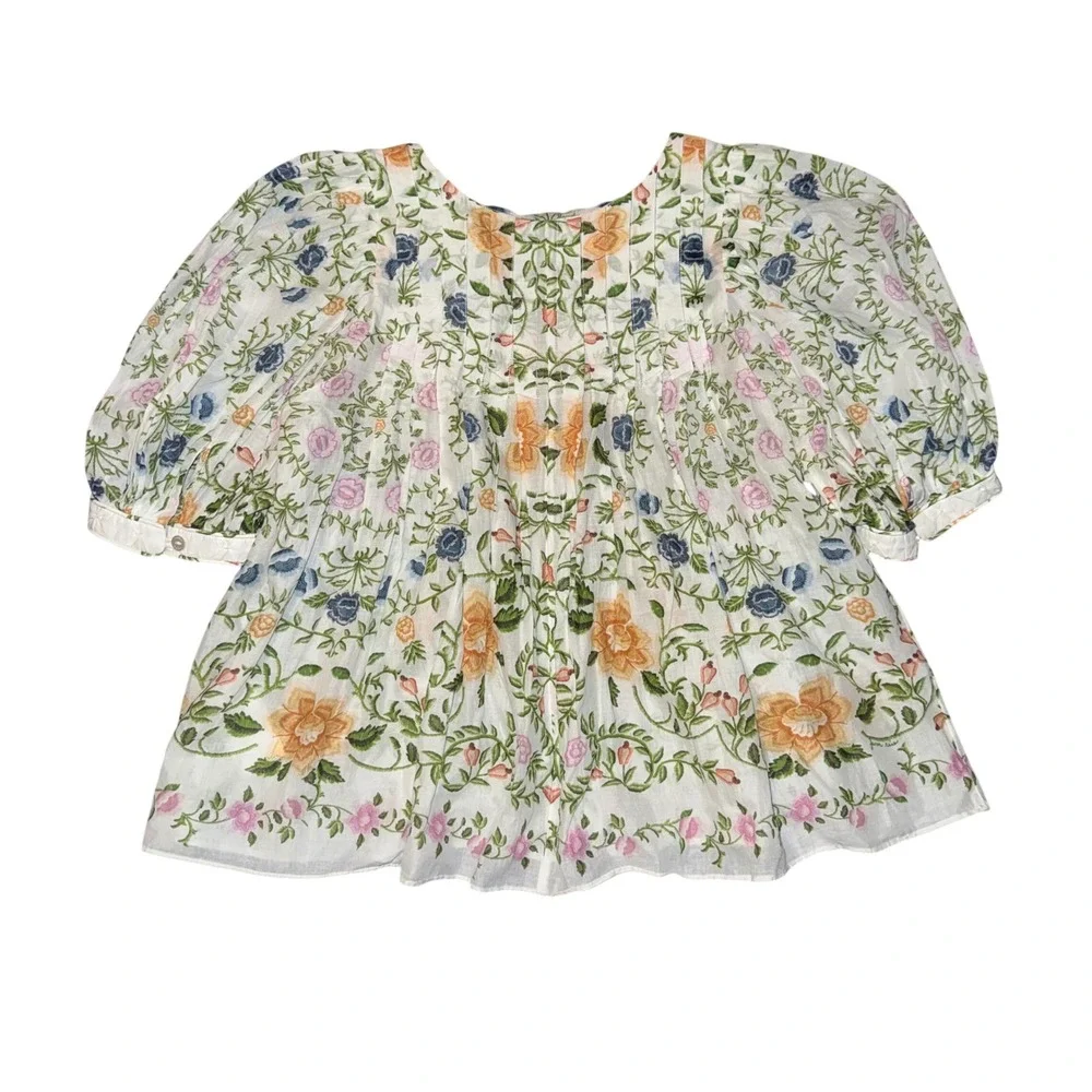 Farm Rio Folk Floral Blouse White Embroidered Puff Sleeve Smocked Top Womens XS